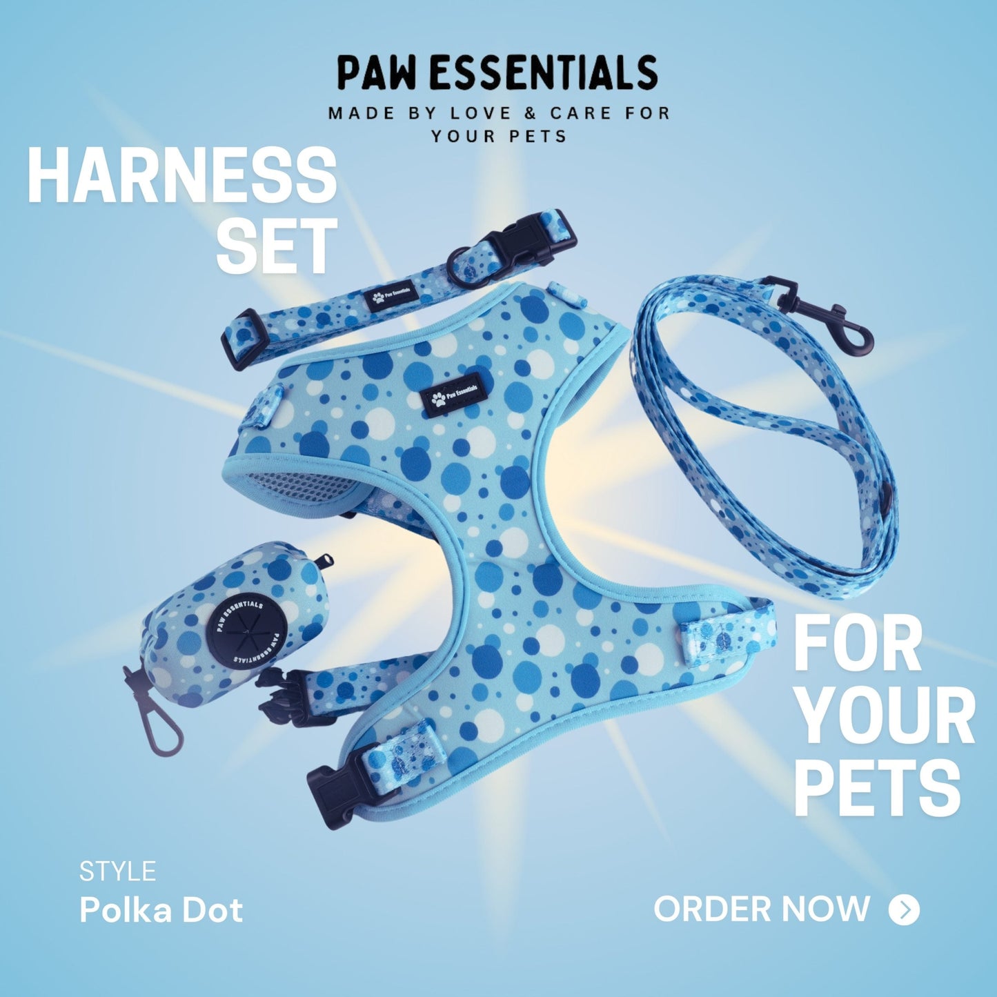 Dress your pet in style with the Baby Blue Polka Dot Harness Set by Paw Essentials, featuring a comfy harness and leash.