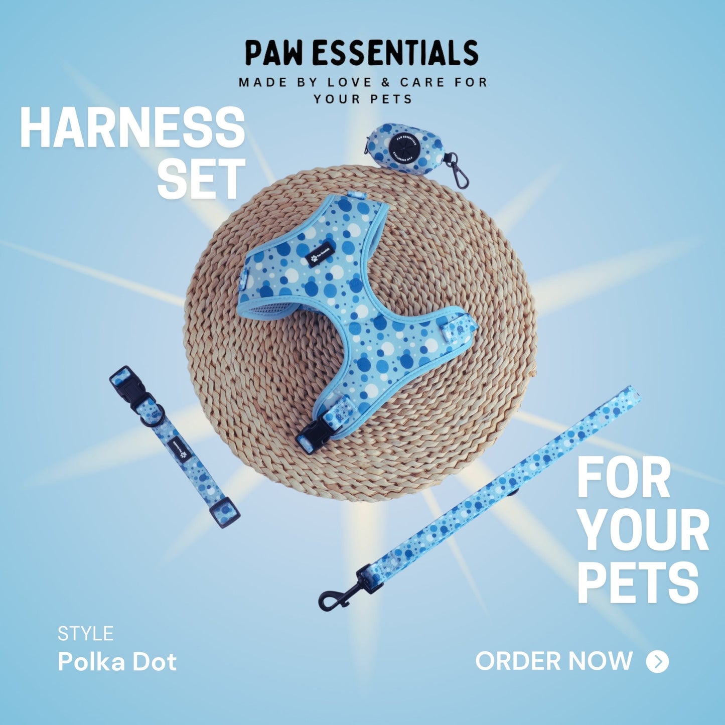 Stylish Baby Blue Polka Dot Harness Set by Paw Essentials, featuring a breathable harness and matching leash.